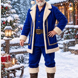 May include: A blue velvet coat with cream-colored faux fur trim, matching blue trousers with fur cuffs, and a blue hat with a pom-pom. The coat features gold button closures, a brown leather belt with a gold buckle, and brown leather boots.