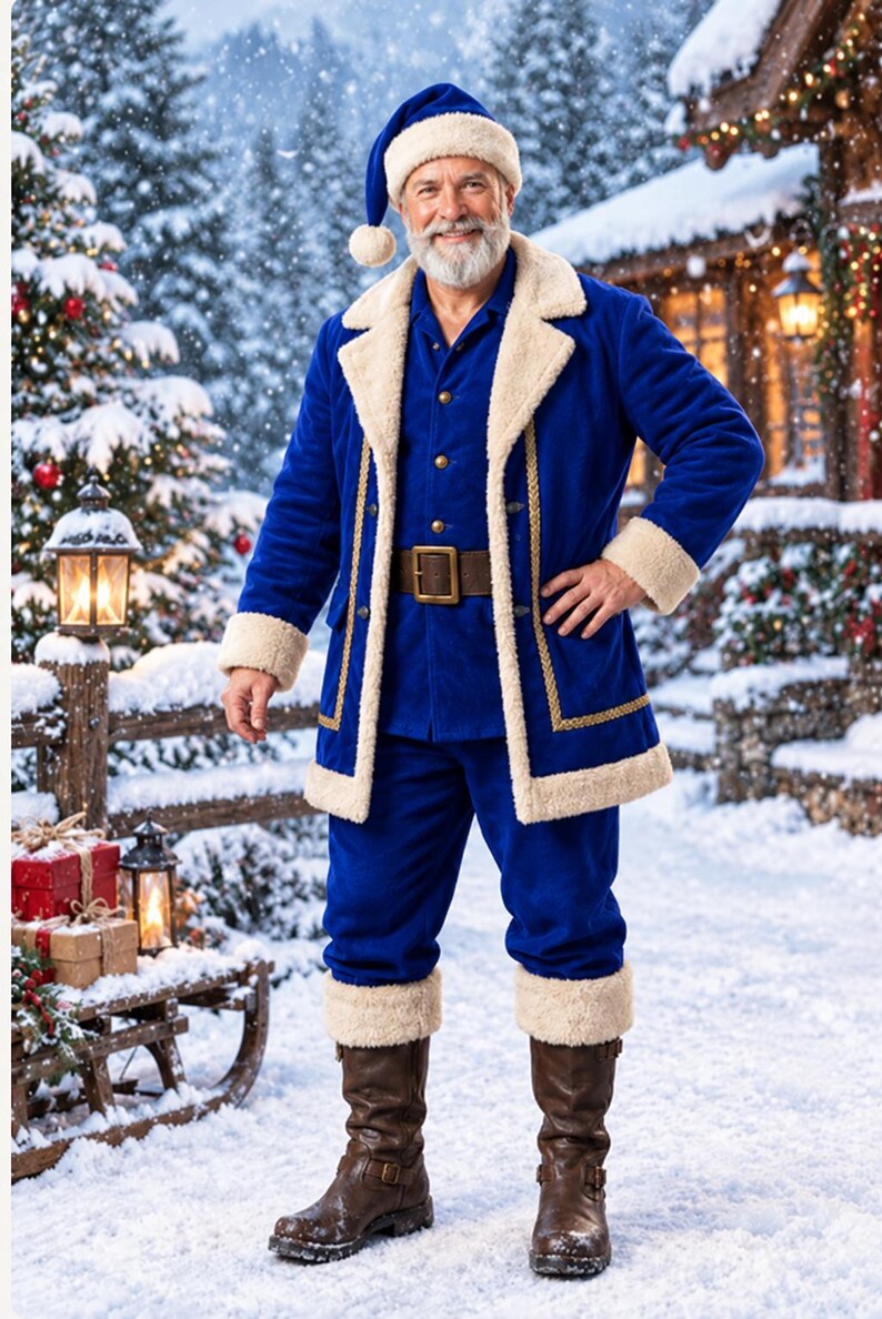 May include: A blue velvet coat with cream-colored faux fur trim, matching blue trousers with fur cuffs, and a blue hat with a pom-pom. The coat features gold button closures, a brown leather belt with a gold buckle, and brown leather boots.