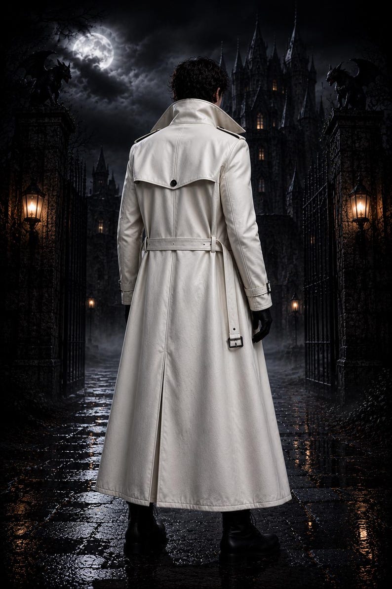 May include: A long, off-white trench coat featuring a wide collar, a back storm flap with a single button, a belted waist with a rectangular buckle, and adjustable cuffs. The coat is worn over dark clothing and black boots, viewed from the back.