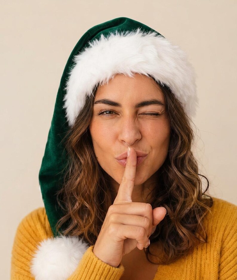 May include: A dark green velvet Santa hat featuring a thick, white faux fur trim around the base and a matching white faux fur pom-pom at the tip. The hat is constructed from a smooth, deep green fabric with a soft, plush white border.