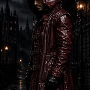 May include: A dark red, textured leather-look long coat featuring a hood, multiple horizontal buckle straps across the front, and large flap pockets. The garment includes long sleeves with buckled cuffs and is worn with black gloves.