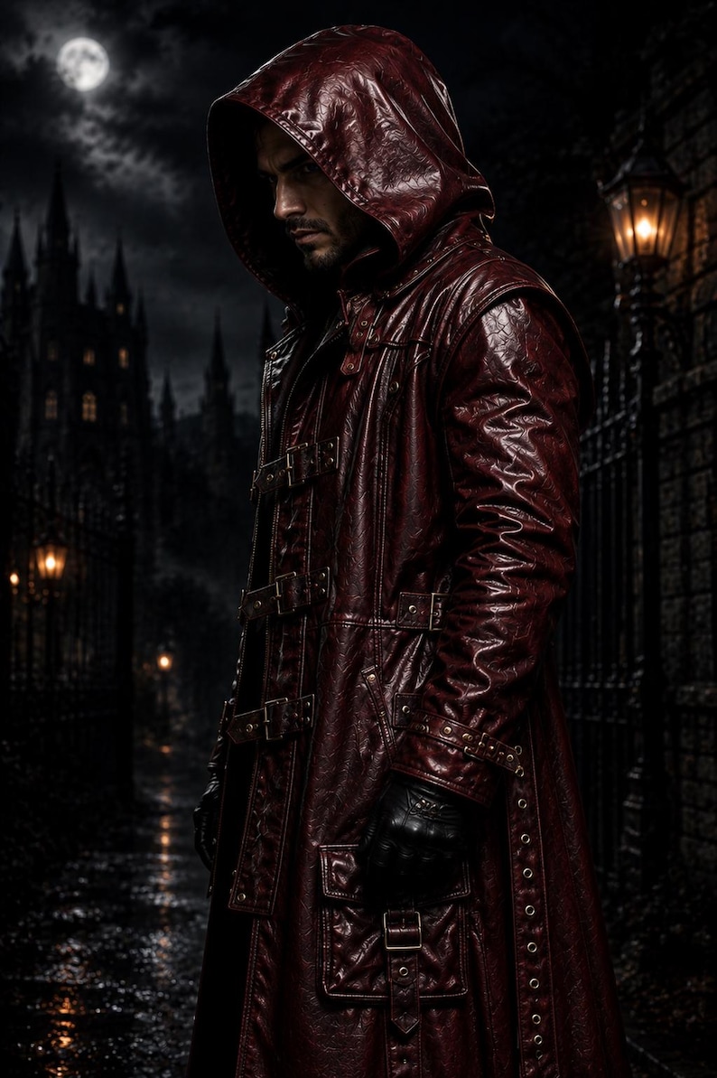 May include: A dark red, textured leather-look long coat featuring a hood, multiple horizontal buckle straps across the front, and large flap pockets. The garment includes long sleeves with buckled cuffs and is worn with black gloves.
