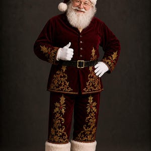 May include: A Santa Claus costume featuring a deep red velvet jacket and matching trousers adorned with intricate gold embroidery and small red accents. The outfit includes a white faux fur trimmed hat, white gloves, a black belt, and black boots.