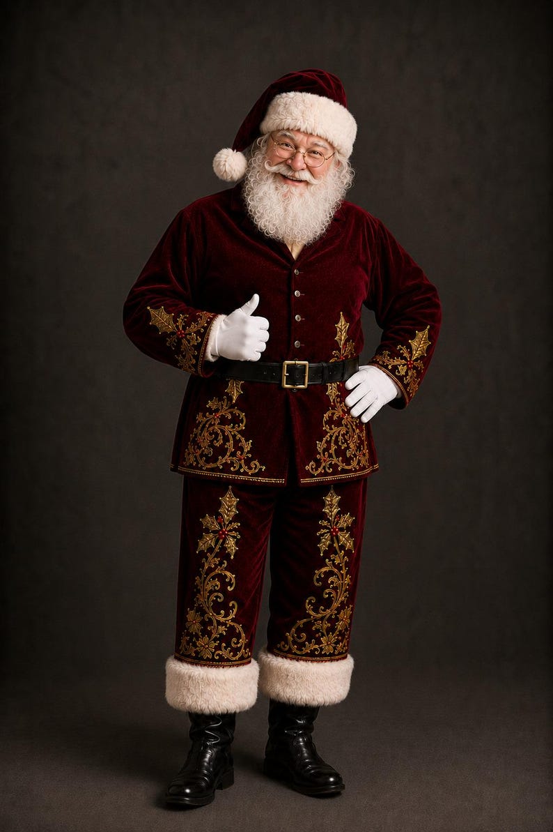 May include: A Santa Claus costume featuring a deep red velvet jacket and matching trousers adorned with intricate gold embroidery and small red accents. The outfit includes a white faux fur trimmed hat, white gloves, a black belt, and black boots.