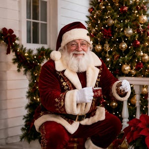 May include: Santa Claus wearing a deep red velvet suit with white faux fur trim and gold floral embroidery, white gloves, and black boots. Santa holds a small red mug and a chocolate chip cookie while crouching near wrapped gifts and a Christmas tree.