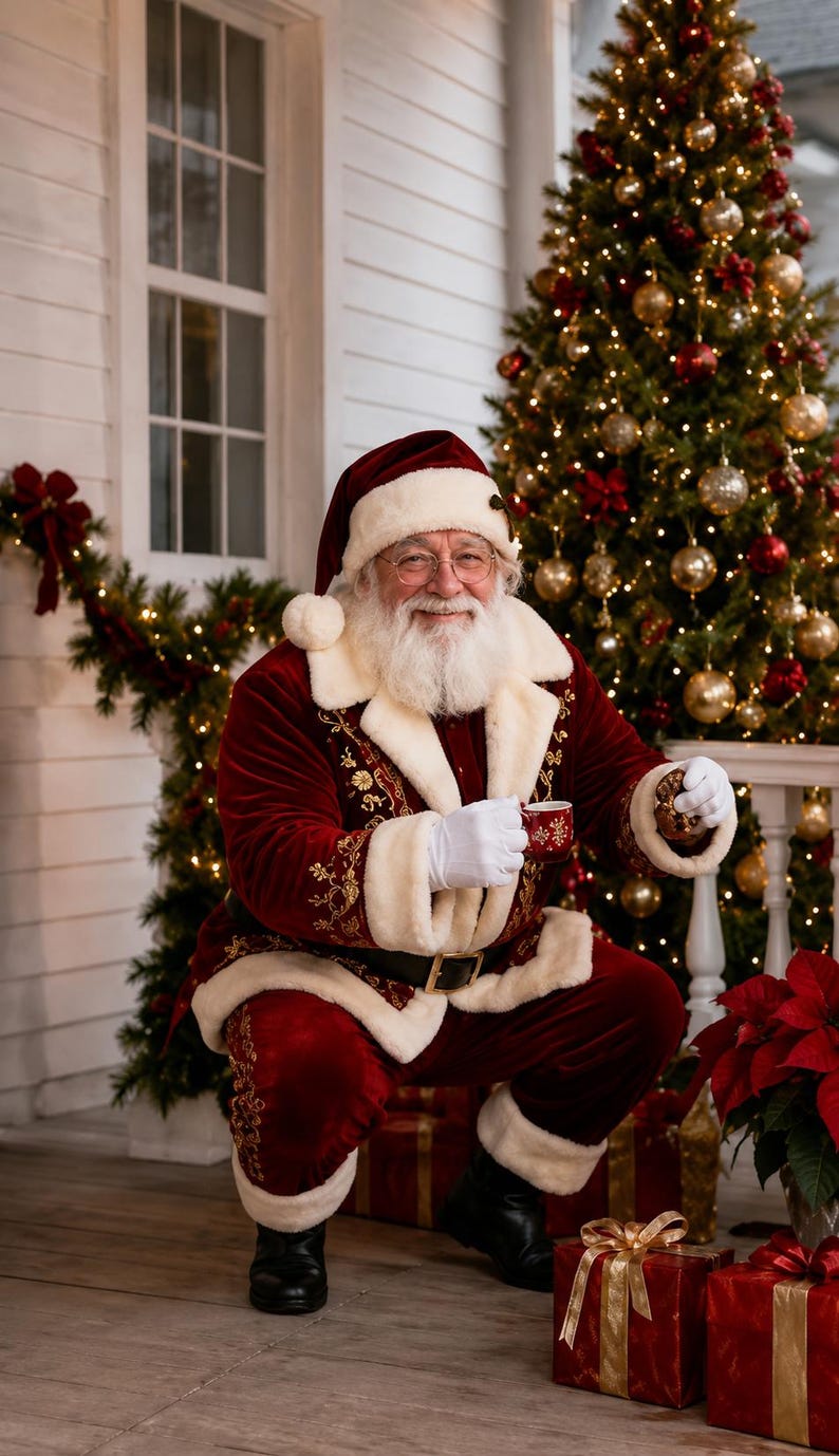 May include: Santa Claus wearing a deep red velvet suit with white faux fur trim and gold floral embroidery, white gloves, and black boots. Santa holds a small red mug and a chocolate chip cookie while crouching near wrapped gifts and a Christmas tree.