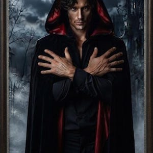 May include: A person with dark hair wearing a black hooded cloak with a deep red lining. The cloak is draped over a black shirt. The person has their arms crossed over their chest, with hands visible against the dark fabric of the cloak.