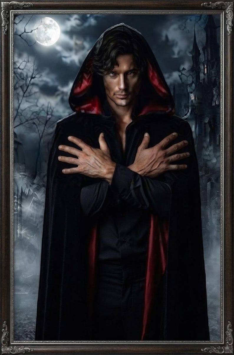 May include: A person with dark hair wearing a black hooded cloak with a deep red lining. The cloak is draped over a black shirt. The person has their arms crossed over their chest, with hands visible against the dark fabric of the cloak.