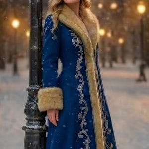 May include: A long, deep blue coat featuring a thick, light brown faux fur collar and matching fur cuffs. The coat is decorated with intricate silver-toned embroidery along the front opening and sleeves, extending down to the hemline.
