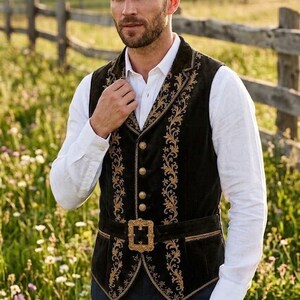 May include: A dark brown velvet vest featuring intricate gold embroidery along the lapels and front panels. The garment includes a row of four round gold buttons and a matching gold buckle belt at the waist, worn over a crisp white long-sleeve shirt.