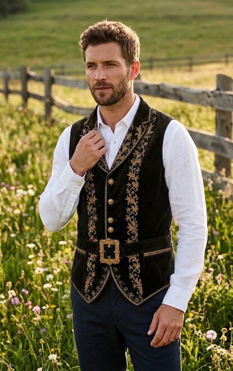 May include: A dark brown velvet vest featuring intricate gold embroidery along the lapels and front panels. The garment includes a row of four round gold buttons and a matching gold buckle belt at the waist, worn over a crisp white long-sleeve shirt.