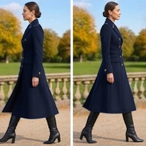 May include: A long, dark navy blue double-breasted coat featuring gold-toned buttons, a structured collar, and a tailored fit that flares toward the hem. The coat is paired with black leather knee-high boots with a block heel and a smooth finish.
