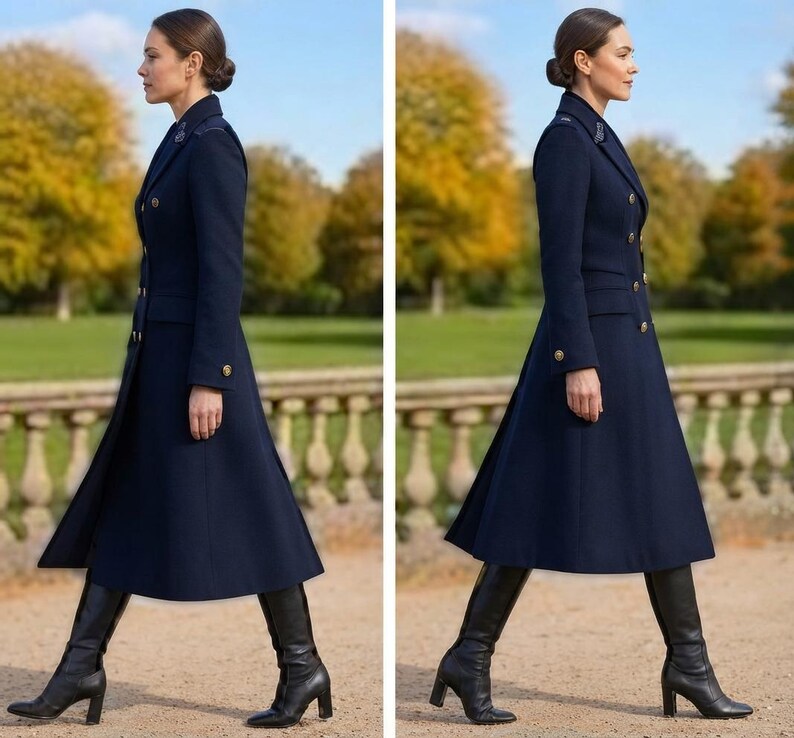 May include: A long, dark navy blue double-breasted coat featuring gold-toned buttons, a structured collar, and a tailored fit that flares toward the hem. The coat is paired with black leather knee-high boots with a block heel and a smooth finish.