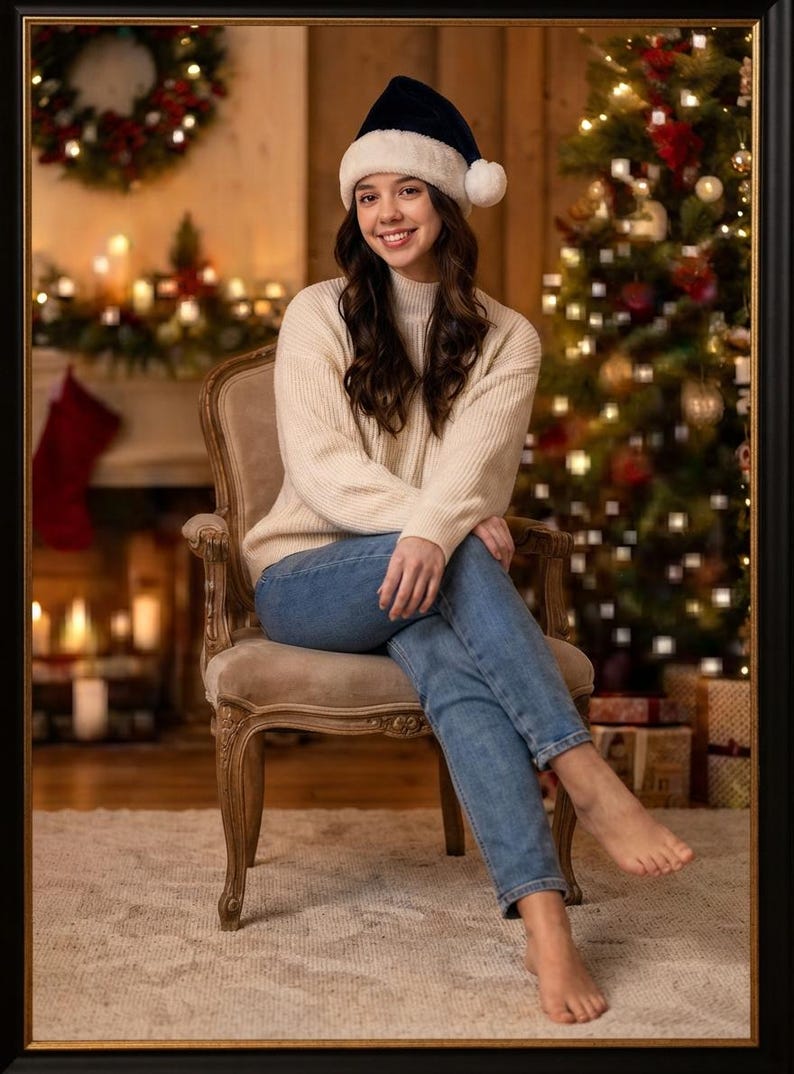 May include: A dark blue velvet Santa hat with a white faux fur trim and pom-pom, a cream-colored ribbed knit mock neck sweater, and blue denim jeans. The clothing items are worn together, showcasing a casual holiday-themed ensemble.