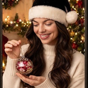 May include: A black velvet Santa hat with a white faux fur trim and a matching pom-pom, paired with a round, deep red glass Christmas ornament featuring intricate gold-toned filigree patterns and small embedded clear crystals.
