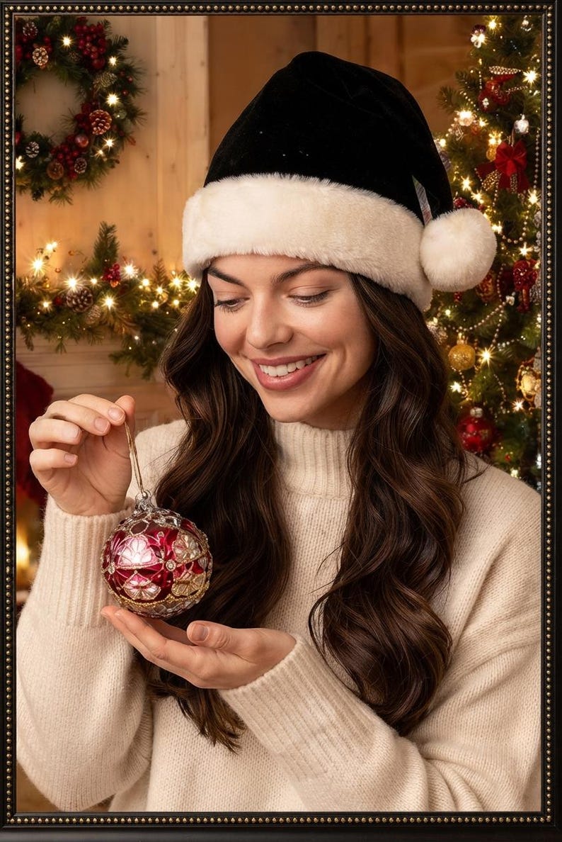 May include: A black velvet Santa hat with a white faux fur trim and a matching pom-pom, paired with a round, deep red glass Christmas ornament featuring intricate gold-toned filigree patterns and small embedded clear crystals.