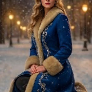 May include: A long blue coat featuring a tan fur-lined collar and cuffs, adorned with intricate silver embroidery along the front panels. The garment is worn over dark trousers, showcasing a structured design with visible stitching details.