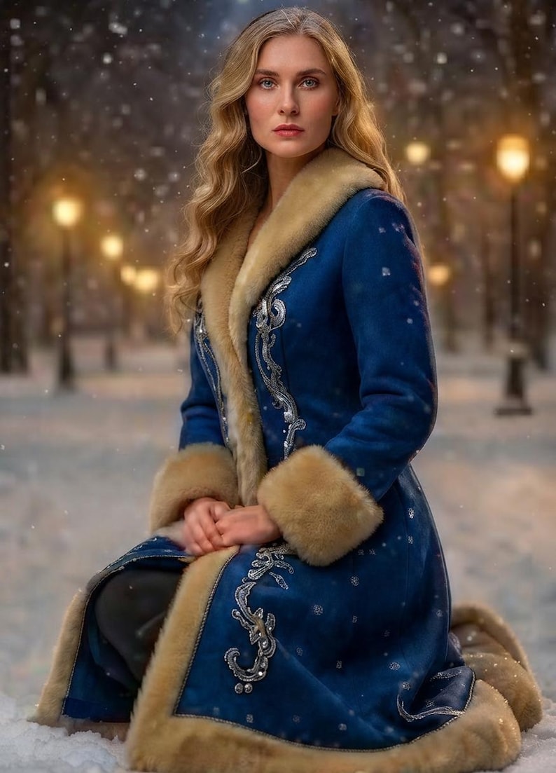 May include: A long blue coat featuring a tan fur-lined collar and cuffs, adorned with intricate silver embroidery along the front panels. The garment is worn over dark trousers, showcasing a structured design with visible stitching details.