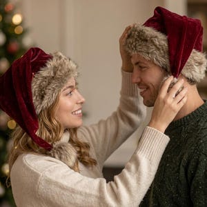 Puede incluir: Dos gorros de Pap&aacute; Noel a juego hechos de tela de terciopelo rojo oscuro. Cada gorro presenta un borde grueso de piel sint&eacute;tica texturizada en la base y un pomp&oacute;n de piel sint&eacute;tica a juego en la punta, creando un accesorio festivo.