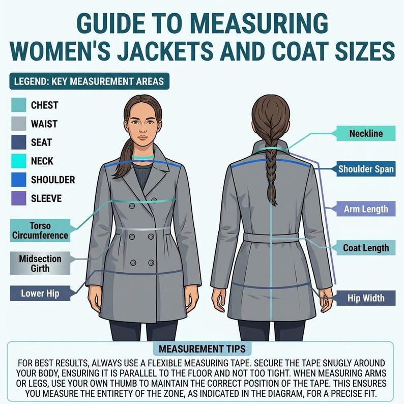 May include: An instructional diagram titled GUIDE TO MEASURING JACKETS AND COAT SIZES. It features front and back views of a figure wearing a grey double-breasted coat, with lines and labels indicating measurement points like chest, waist, and arm length.