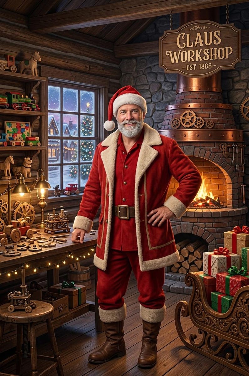 May include: A person dressed in a red coat with cream-coloured faux fur trim, matching red trousers, and a red hat with a white pom-pom. The person has a white beard and wears brown boots. A sign above reads CLAUS WORKSHOP - EST. 1888.