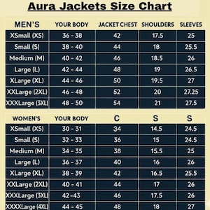 May include: A black and beige Aura Jackets Size Chart featuring two distinct tables for sizing. The top table lists measurements for men's sizes from XS to 3XL, while the bottom table provides measurements for women's sizes from XS to 4XL in inches.