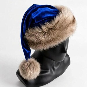Premium Blue Velvet Christmas Hat with Soft Faux Fur Cuff image 18