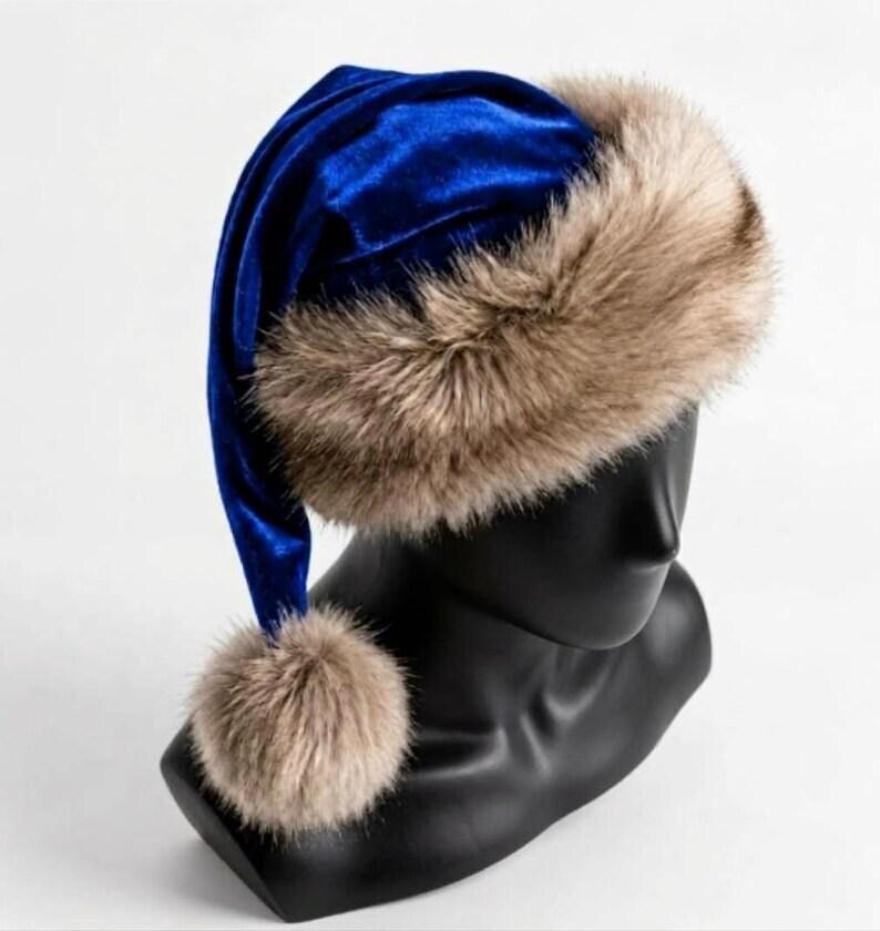 Premium Blue Velvet Christmas Hat with Soft Faux Fur Cuff image 18