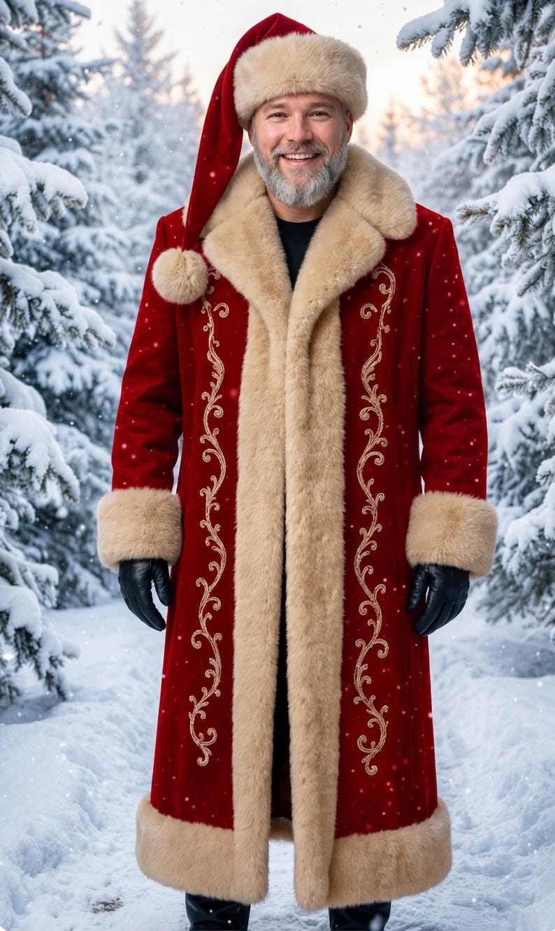 May include: A long red velvet coat with beige faux fur trim on the collar, cuffs, and hem, featuring gold embroidered scrollwork along the front. The coat is paired with a matching red velvet hat with a beige faux fur band and black gloves.