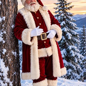 May include: A Santa Claus figure wearing a deep red velvet coat and matching trousers trimmed with thick white faux fur. The outfit includes a red hat with a white fur brim, a black belt with a gold buckle, and white gloves. Santa has a full white beard.