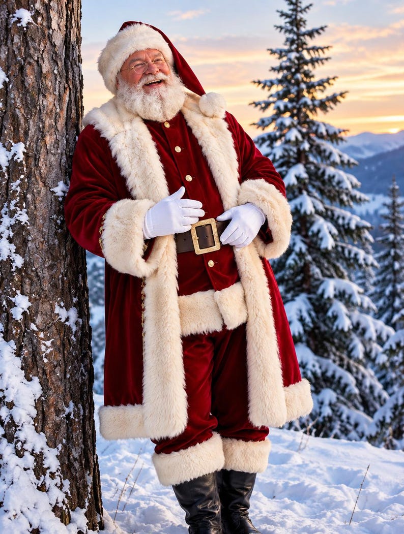 May include: A Santa Claus figure wearing a deep red velvet coat and matching trousers trimmed with thick white faux fur. The outfit includes a red hat with a white fur brim, a black belt with a gold buckle, and white gloves. Santa has a full white beard.