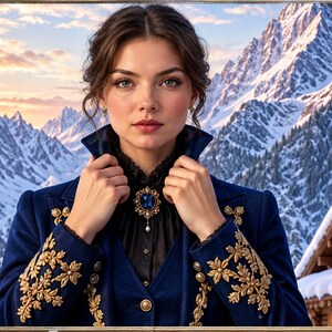 May include: A dark blue blazer featuring intricate gold floral embroidery on the cuffs and lapels, worn over a black high-neck shirt. A prominent oval-shaped blue gemstone brooch with gold filigree detailing is centered at the neckline.