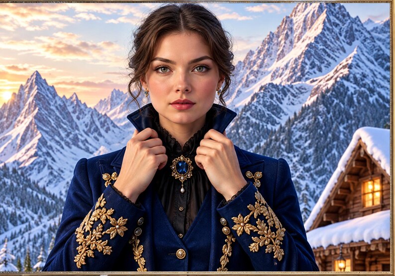 May include: A dark blue blazer featuring intricate gold floral embroidery on the cuffs and lapels, worn over a black high-neck shirt. A prominent oval-shaped blue gemstone brooch with gold filigree detailing is centered at the neckline.