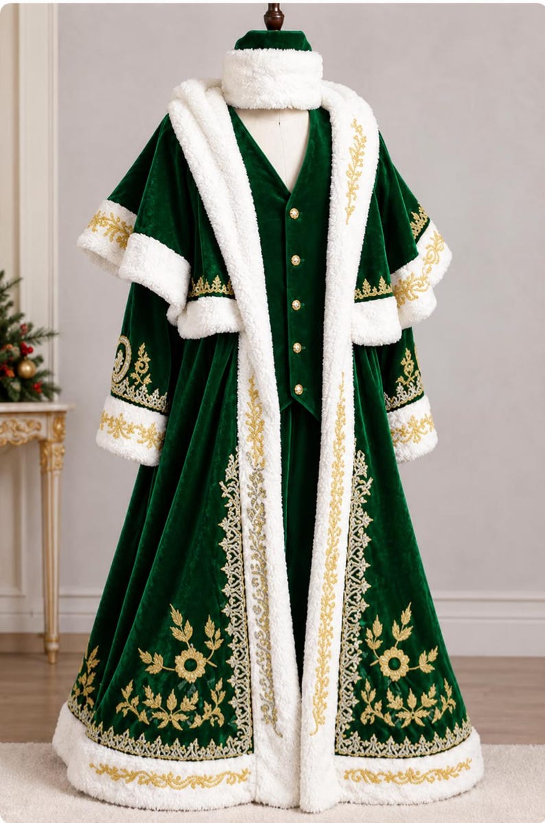 May include: A deep green velvet coat featuring a white faux fur trim, gold embroidery, and a matching hat. The coat includes a capelet overlay, a button-up vest underneath, and long sleeves with fur cuffs, all decorated with intricate gold floral patterns.