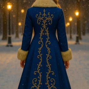 May include: A long royal blue coat featuring a cream-colored fur collar, fur cuffs, and a fur hem. The back of the coat is decorated with intricate gold embroidery in a vertical scrolling pattern that extends from the collar to the hem.