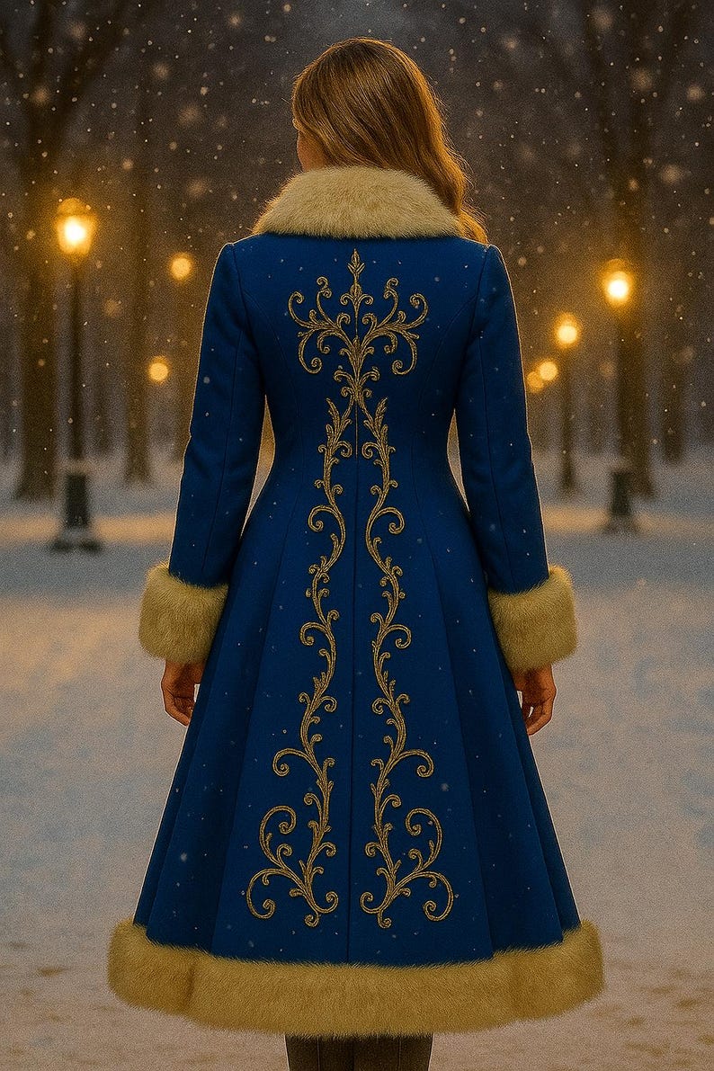 May include: A long royal blue coat featuring a cream-colored fur collar, fur cuffs, and a fur hem. The back of the coat is decorated with intricate gold embroidery in a vertical scrolling pattern that extends from the collar to the hem.