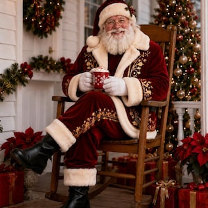 May include: Santa Claus wearing a deep red velvet suit with cream-colored faux fur trim and gold embroidery, white gloves, and black boots. Santa sits in a wooden rocking chair holding a red mug with a white snowflake pattern and whipped cream.