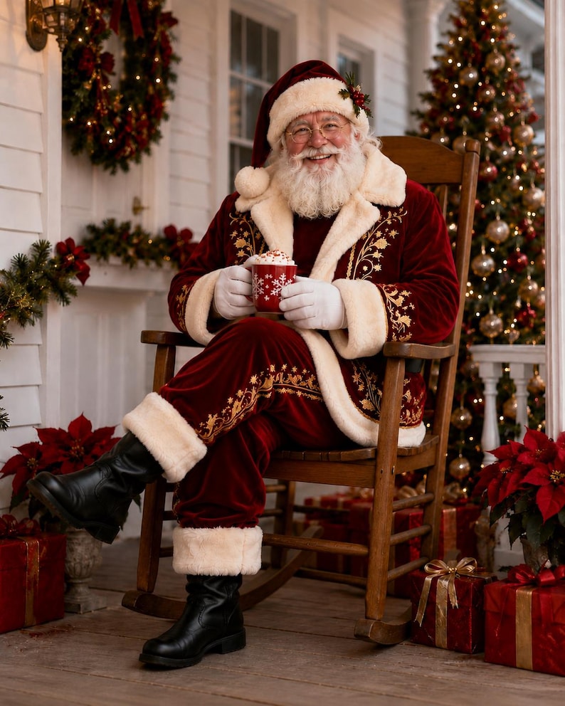May include: Santa Claus wearing a deep red velvet suit with cream-colored faux fur trim and gold embroidery, white gloves, and black boots. Santa sits in a wooden rocking chair holding a red mug with a white snowflake pattern and whipped cream.