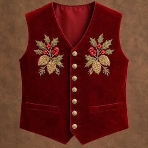 May include: A deep red velvet waistcoat featuring a V-neckline and seven gold-toned buttons. The front panels are decorated with symmetrical embroidery of green holly leaves and clusters of bright red berries on each side, plus two welt pockets.