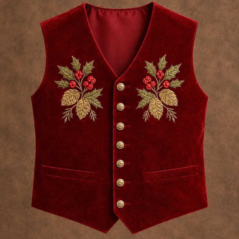 May include: A deep red velvet waistcoat featuring a V-neckline and seven gold-toned buttons. The front panels are decorated with symmetrical embroidery of green holly leaves and clusters of bright red berries on each side, plus two welt pockets.