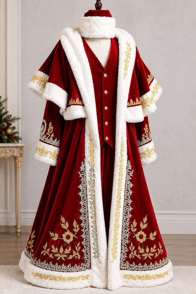 May include: A deep red velvet coat and matching waistcoat set featuring white faux fur trim along the edges, gold embroidered floral patterns, and gold buttons. The ensemble includes a matching red velvet hat with a white faux fur band.