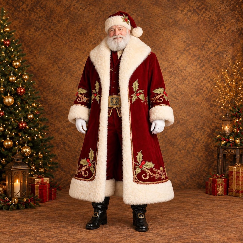May include: A Santa Claus costume featuring a deep red velvet long coat and matching trousers, trimmed with thick white faux fur. The coat is decorated with embroidered green holly leaves and red berries. Includes a matching hat and white gloves.