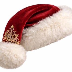 May include: A deep red velvet hat featuring a thick, fluffy white faux fur trim and a matching white pom-pom at the tip. The red velvet fabric is decorated with intricate gold thread embroidery in a floral pattern near the pom-pom base.