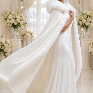 May include: A floor-length white cape featuring a plush faux fur hood and trim along the front edges. The cape is worn over a matching white sleeveless gown, creating a layered look with a flowing silhouette and soft, textured white fabric.