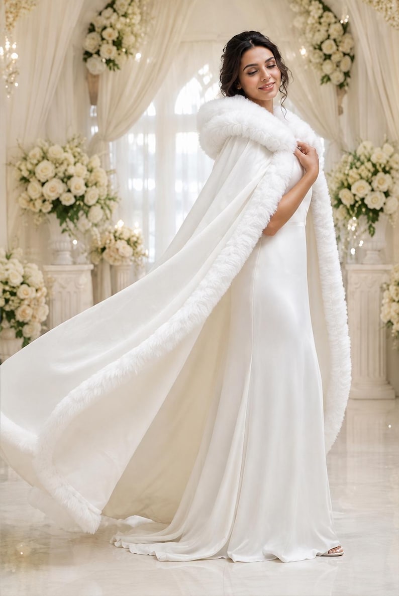 May include: A floor-length white cape featuring a plush faux fur hood and trim along the front edges. The cape is worn over a matching white sleeveless gown, creating a layered look with a flowing silhouette and soft, textured white fabric.