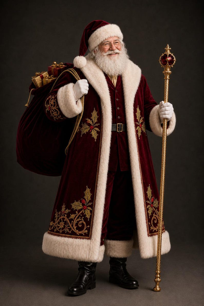 May include: A figure dressed in a deep red velvet coat with white faux fur trim, gold embroidery, and holly motifs. The figure wears a matching hat, white gloves, and black boots, carries a large red sack of gifts, and holds a tall gold staff.