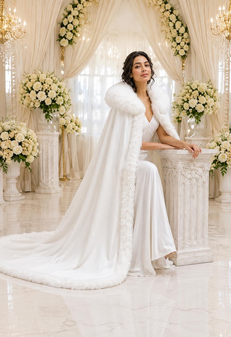 May include: A floor-length white cape featuring a thick, plush white faux fur trim along the hood and front edges. The cape is worn over a matching white sleeveless gown with a V-neckline, creating a cohesive, elegant, and layered ensemble.