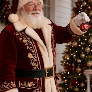 May include: A Santa Claus figure wearing a deep red velvet coat with cream-colored faux fur trim and gold floral embroidery. The coat features a black belt with a gold buckle. Santa wears white gloves and holds a small, round, red Christmas ornament.