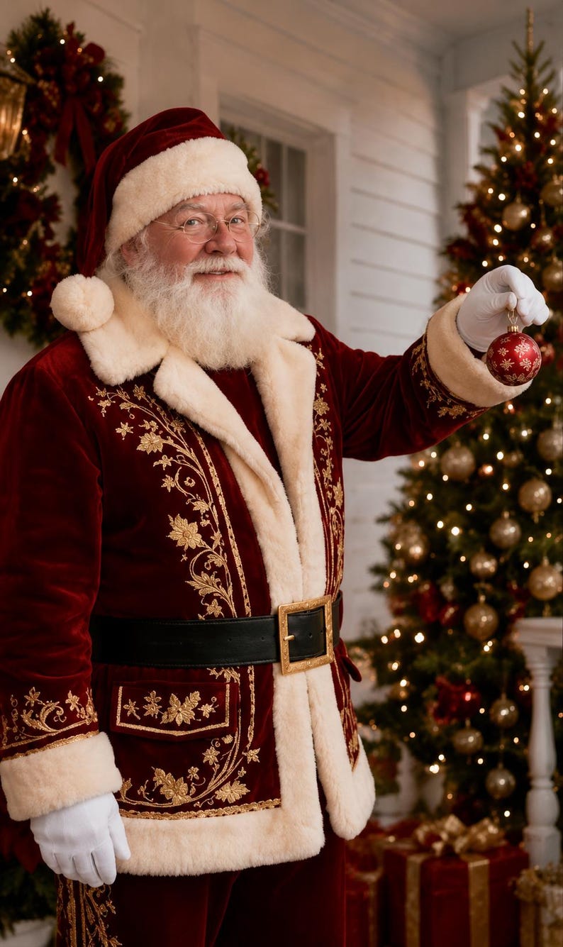 May include: A Santa Claus figure wearing a deep red velvet coat with cream-colored faux fur trim and gold floral embroidery. The coat features a black belt with a gold buckle. Santa wears white gloves and holds a small, round, red Christmas ornament.