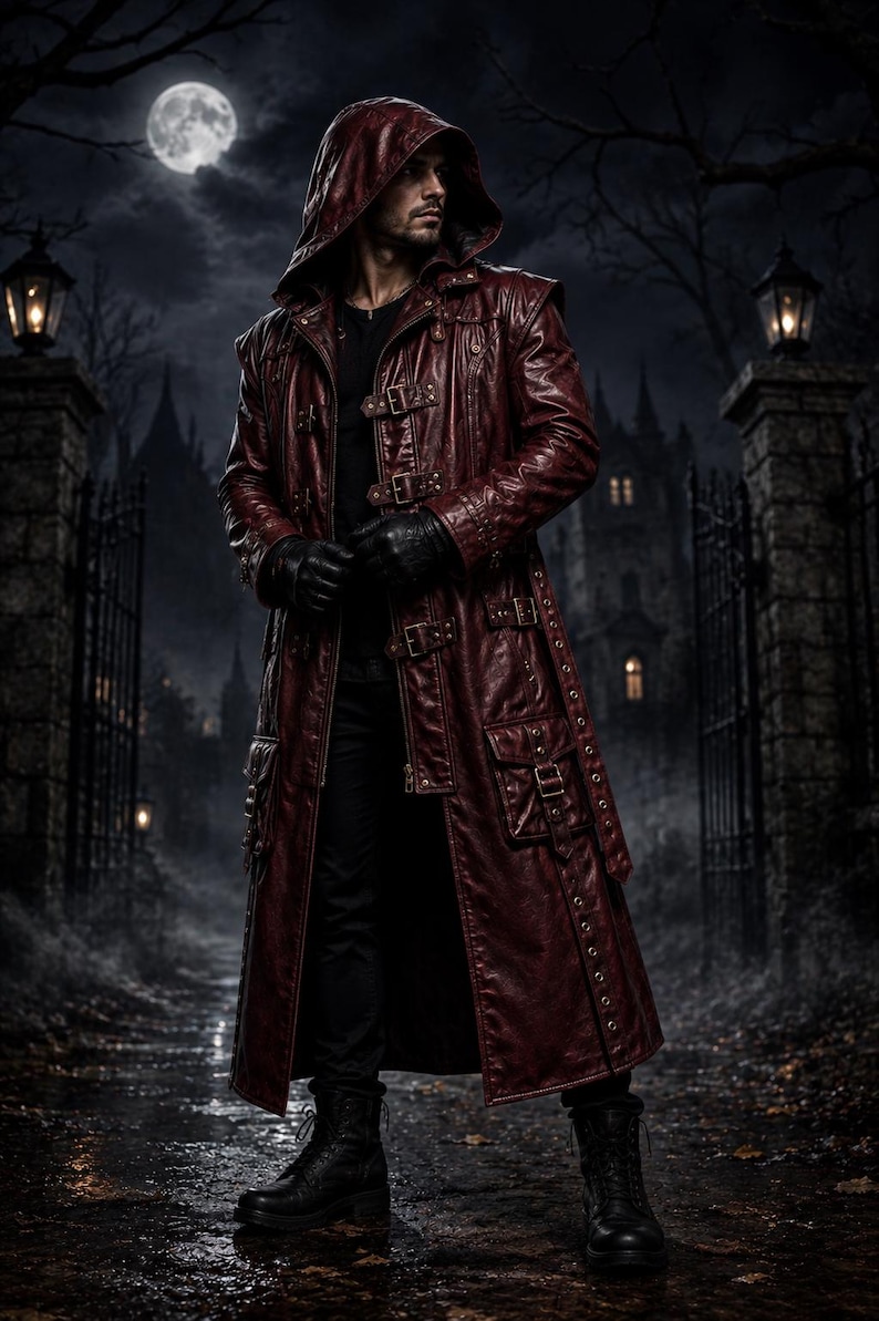 May include: A dark red, long-length hooded coat featuring multiple buckle straps across the front, side pockets with buckle closures, and a row of metal eyelets along the hem. The coat is worn over a black shirt, black pants, and black boots.